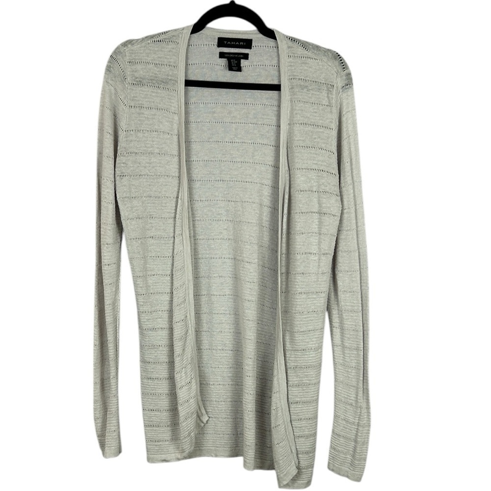 Tahari Lagenlook Organic Linen Open Front Long Sleeve Cardigan Medium Greige